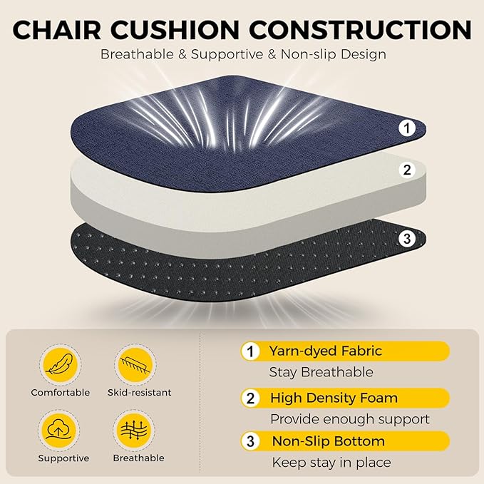 downluxe Indoor Chair Cushions for Dining Chairs, Soft and Comfortable Textured Foam Kitchen Chair Pads with Ties and Non-Slip Backing, 16" x 16" x 2", Navy, 6 Pack
