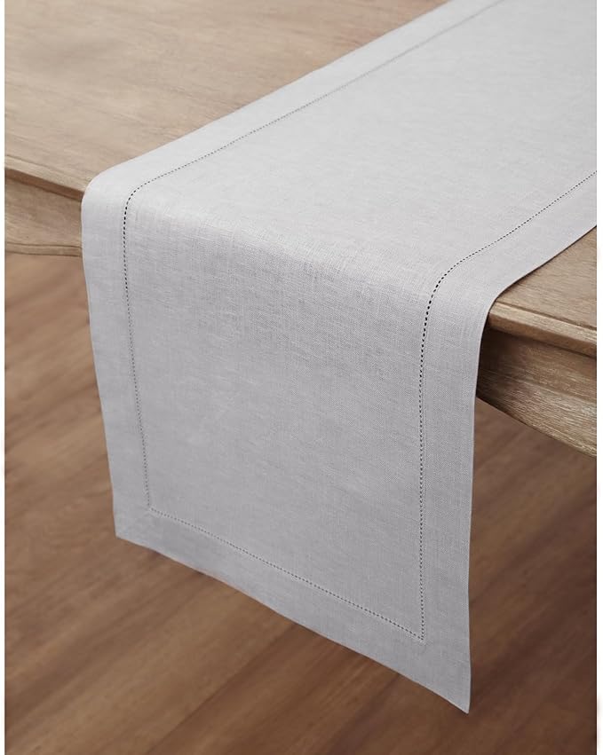 Solino Home Linen Soft Grey Table Runner 48 Inches - Classic Hemstitch, 100% Pure Linen Coffee Table Runner 14 x 48 Inch Ideal for Dresser Tables - Fall, Autumn, Halloween, Thanksgiving