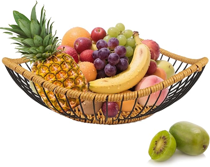 Vine Woven Iron Fruit Bowl, Metal Wire Fruit Basket, Vegetable Drain Basket, Storage Baskets for kitchen counter, countertop,Snacks, Candy, Bread,Cosmetics,Table decorative(13.8 x 4 Inches)