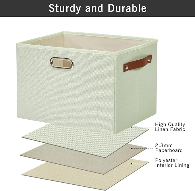 Large 3-Pack Foldable Fabric Storage Bins with Durable PU & Metal Handles, Collapsible Storage Baskets for Shelves, Home Storage, Closet Organizers, Living Room(14.9"x9.8"x9.8", Sage Green)