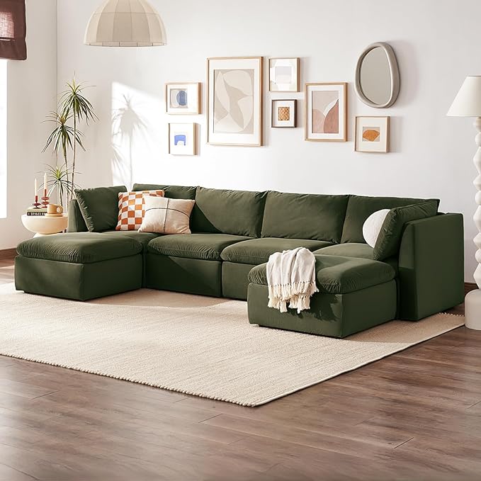 mopio Oversized Modular Sectional Sofa with Fully Removable Covers and Storage, Convertible U, L-Shaped and Sleeper Sectional, Modern Couches with Ottoman Chaise (Olive Green Velvet, 6 Seats, U)
