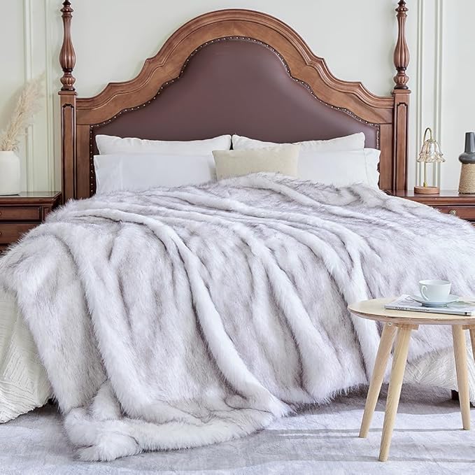 Fluffy Faux Fur Throw Blanket – Super Soft Warm Thick Plush Blanket for Bed, Couch & Office, Cozy Fuzzy Throw with Flannel Backing,108"x90", White