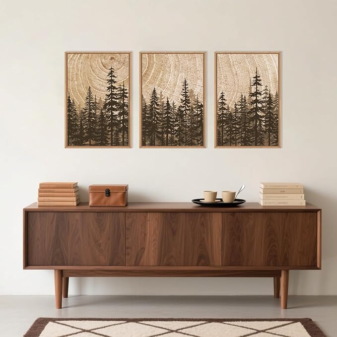 Pine Tree Framed Canvas Wall Art Set, Natural Woodland Landscape Wall Decor, Large Retro Forest Painting, Vintage Brown Artwork for Living Room, Bedroom, Kitchen, Study, Office - 16"x24"x3