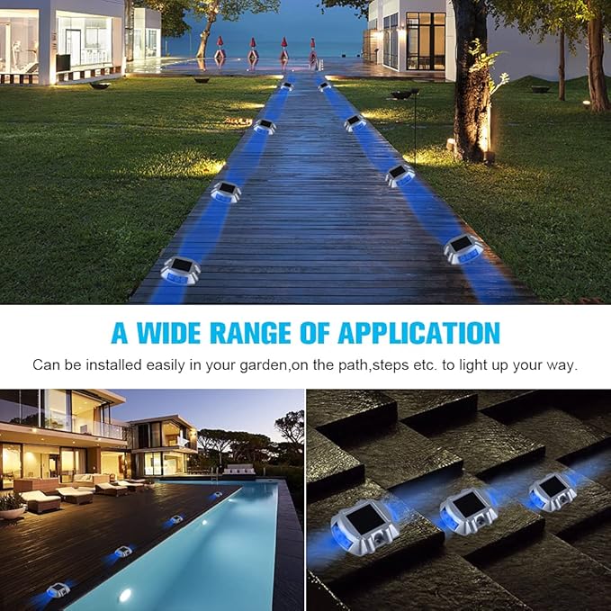 Solar Deck / Dock Lights, VOLISUN 12-Pack Led Wireless IP67 Waterproof Outdoor Warning Step Lights for Driveway Sidewalk Garden Pathway Yard (Blue)