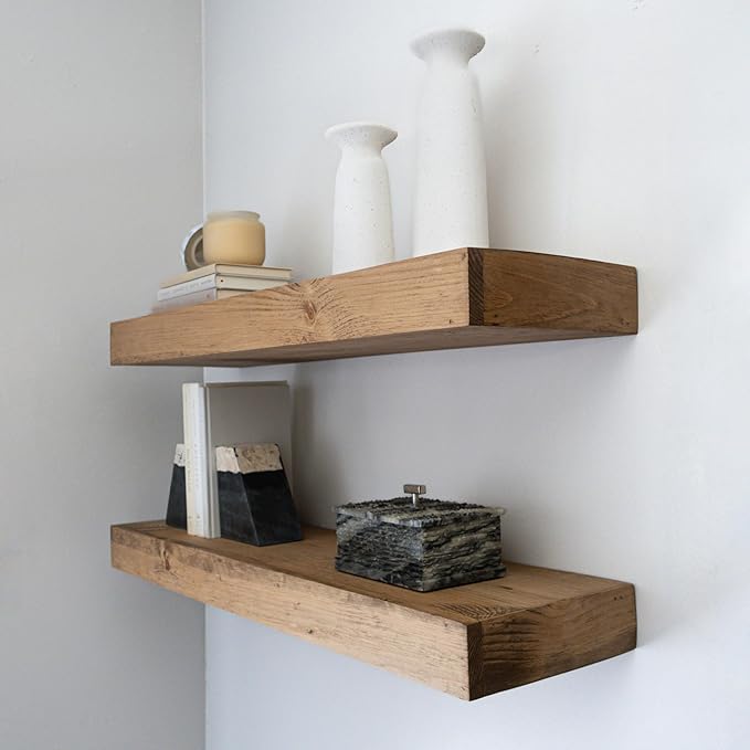 Modern Floating Shelves 3 Inches Thick for Wall, Wide Shelves for Kitchen, Living Room, Bedroom, and Bathroom, Natural Pine Wood, Rustic Wooden Shelf, (Set of 2) (Aged Oak, 24Lx3Hx8D)