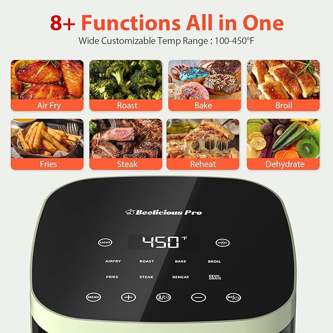 Air Fryer, Beelicious 8-in-1 Smart Compact 4QT Air Fryers, with Viewing Window, Shake Reminder, 450°F Digital Airfryer with Flavor-Lock Tech, Dishwasher-Safe & Nonstick, Fit for 1-3 People, Avo Green