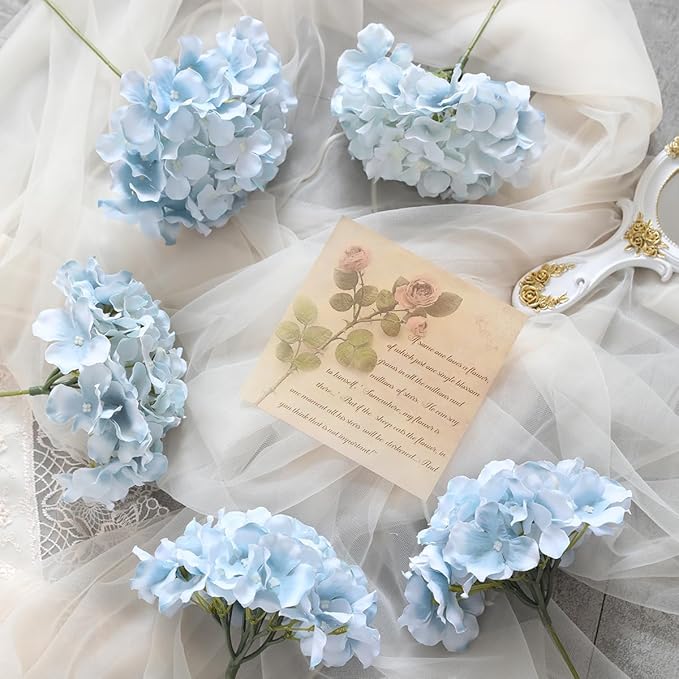 Tifuly Hydrangea Artificial Flowers -12 pcs Realistic Fake Hydrangea Silk Flowers with Stems Faux Hydrangea Flowers Heads for Office Home Party Wedding Centerpiece DIY Floral Decor (Light Blue)