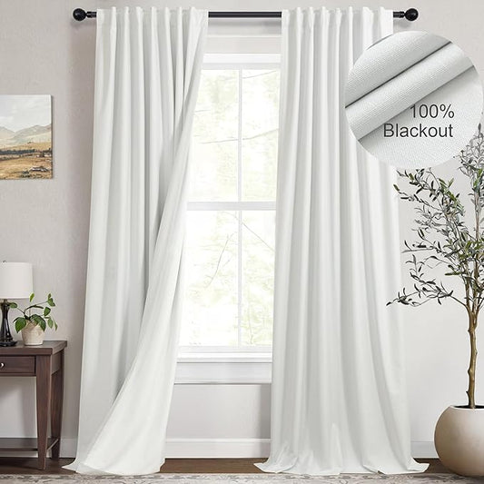 Farmhouse Linen Blackout Curtains for Living Room 96 Inches Long 2 Panel Back Tab Pleated Sun Heat Light Blocking Thermal Viral Cute Bedroom Drapes for Patio Sliding Doors Floor Length Off White Ivory