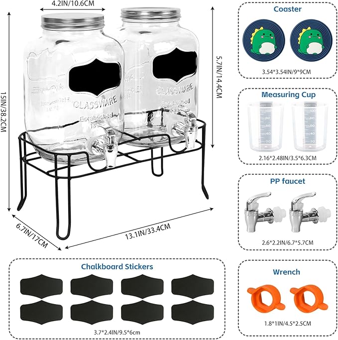 2-Pack 1 Gallon Glass Laundry Detergent Dispenser Set with Bamboo Lids and Stand - Liquid Soap and Fabric Softener Dispensers with Spigots, Cups, Labels and Mats, Laundry Room Organization and Storage