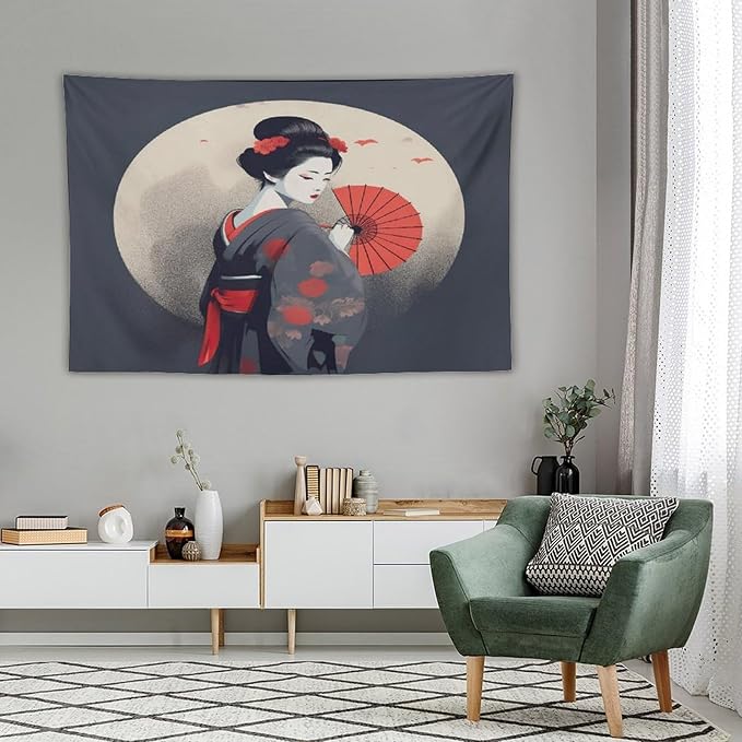 Japanese Woman Geisha Tapestry Asian Red Cherry Blossom Red Sun Traditional Kimono Folk Tapestries Home Decor for Living Room Bedroom Apartment Farmhouse Dorm 60"x40"