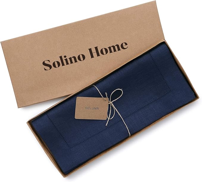 Solino Home Linen Navy Table Runner 48 Inches - Classic Hemstitch, 100% Pure Linen Coffee Table Runner 14 x 48 Inch Ideal for Dresser Tables - Fall, Autumn, Halloween, Thanksgiving