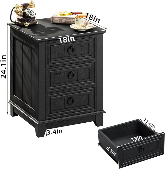 Farmhouse Night Stand Set of 2, 18" End Table with 3 Drawer Metal Handle, Dresser for Bedroom, Sofa Bed Side Table Chest of Drawers,Wood Nightstand Cabinet for Organizer, Living Room-Black