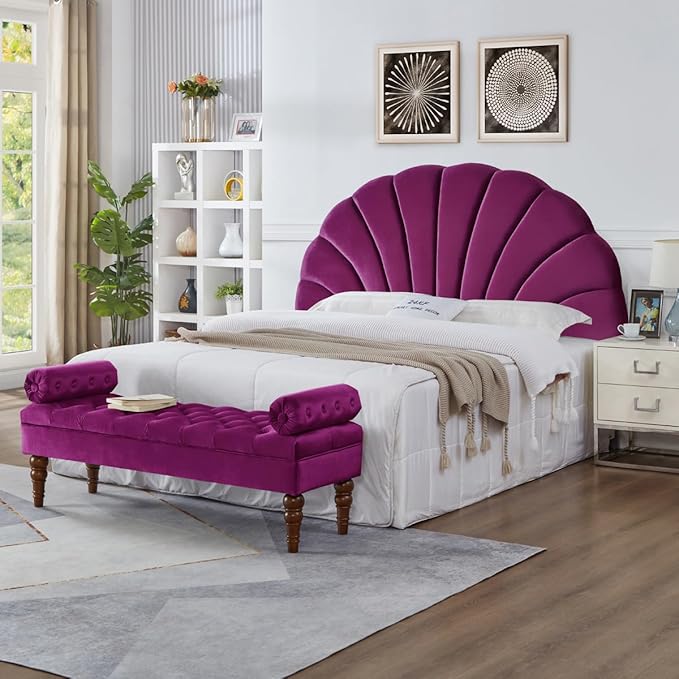 24KF Stunning Crown Design King Headboard, Upholstered Soft Velvet Petal Pattern Headboard King/CA King-Violet