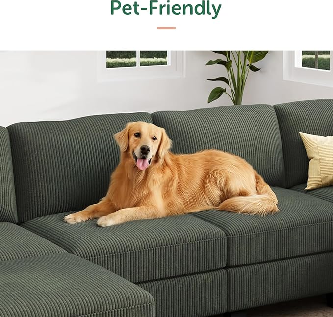 HONBAY Corduroy Modular Sectional Sofa with 5 Seaters, Sectional Corner Sofa with Chaise, L Shape Couches for Living Room, Green