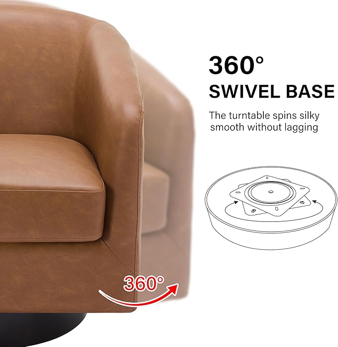 Swivel Barrel Accent Chair, Modern Round Faux Leather Arm Chair for Living Room, Bedroom, Comfy Club Reading Chairs for Adults(Faux Leather, Brown, Set of 4)