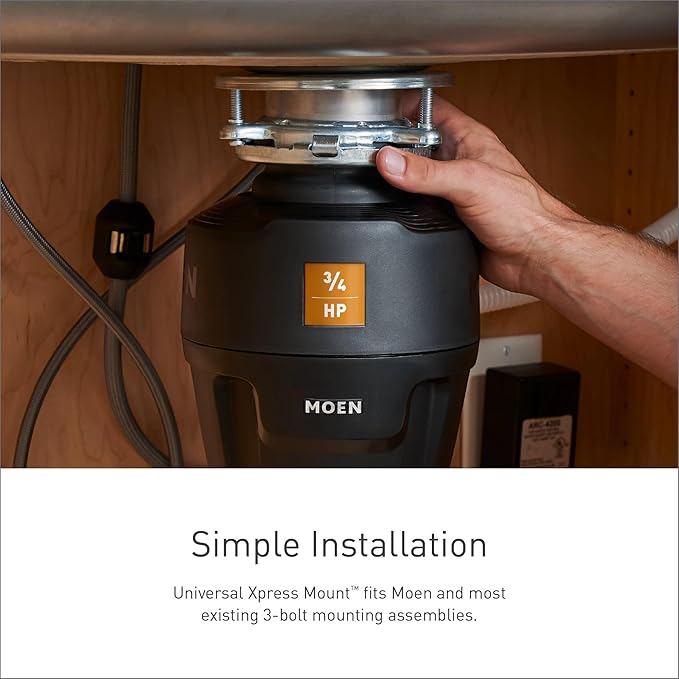 Moen Prep Series Disposer 1/2 Horsepower Continuous Feed Garbage Disposal featuring Fast Track Technology, Power Cord Included, GT50C