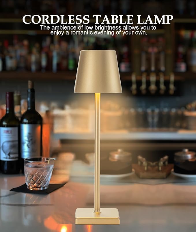 HASUN 2 Pack Rechargeable Table Lamp, LED Cordless Desk Lamp, 5200mAh Battery Operated Table Light, Aluminum Shell, 3 Color Stepless Dimming Up Waterproof for Coffee Table/Indoor/Outdoor (Gold)