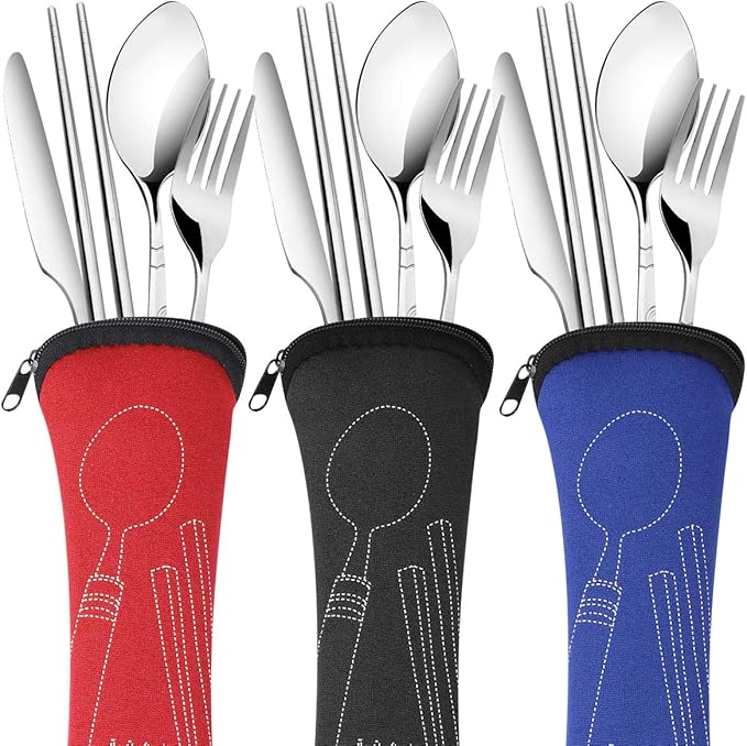 6 Pack Reusable Flatware Sets Knife, Fork, Spoon, Chopsticks, 24Pcs Portable Travel Stainless Steel Tableware Dinnerware with Carrying Case