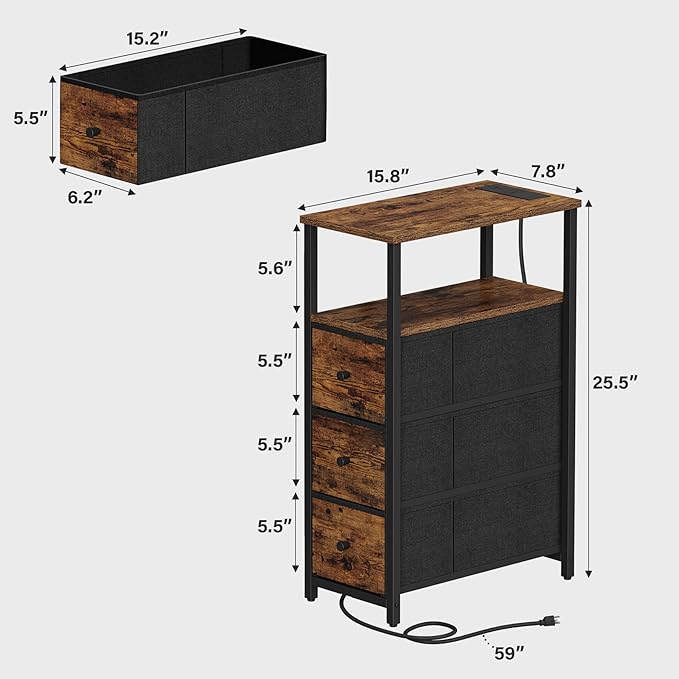 TUTOTAK Narrow Night Stand with Charging Station, Slim End Table with Plugins, Tall Side Table with 3 Fabric Drawer, Small Bedside Table with Storage, Set of 2, Living Room, Bedroom, Brown TB01BB073
