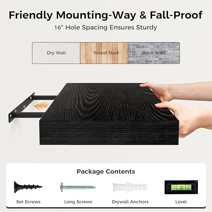 Fun Memories 30 Inch Floating Shelves Black, 12 Inch Deep Floating Shelf for Books, 30 x 12 x 2 Deep & Thicked Wall Shelves for Bathroom, Living Room, Kitchen, Set of 1