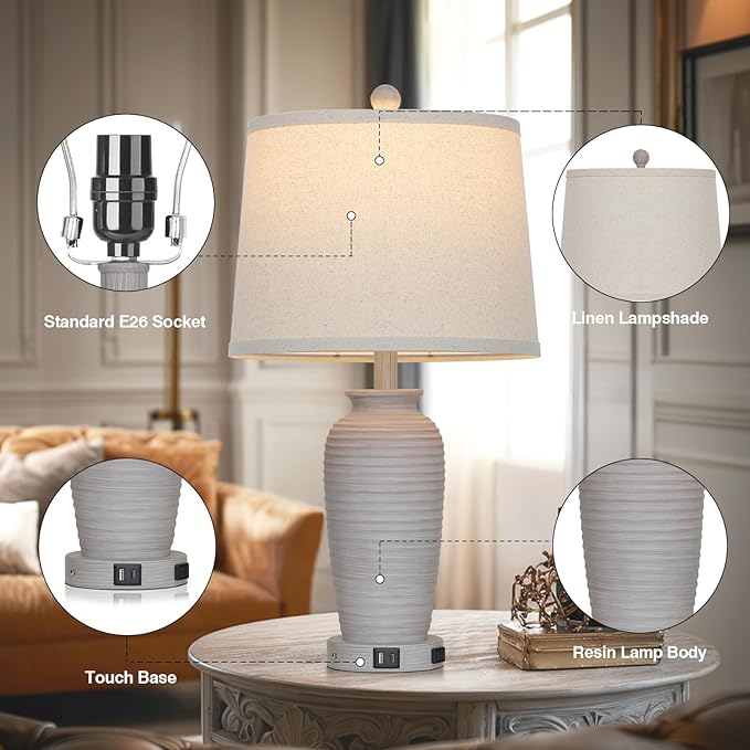 25“ Traditional Table Lamps Set of 2, Bedside Touch Lamp with USB C+A Charging Ports, Rustic Farmhouse Jar Table Lamps for Living Room Bedroom, Side Table Lamp with Beige Fabric Shade, Antique Grey