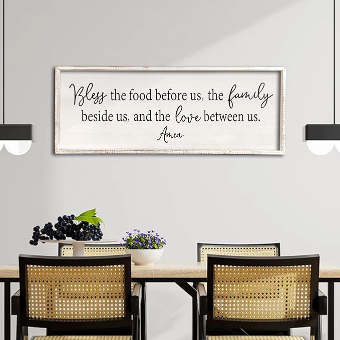 Bless the Food Before Us Sign Wall Decor 40"X15" Large Farmhouse Dining Room Wall Decor Framed Wood Rustic Home Wall Art Kitchen Decoration (White)
