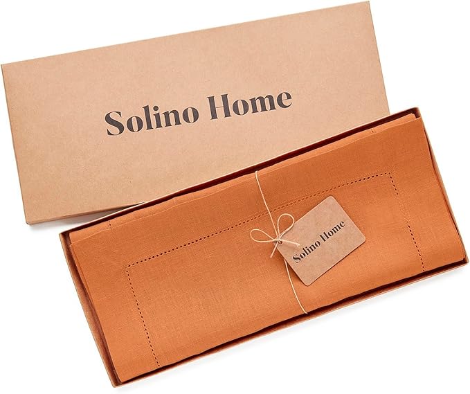 Solino Home Linen Pumpkin Hemstitch Table Runner 48 Inches - 100% Pure Linen Small Table Runner 14 x 48 Inch Ideal for Dresser and Coffee Tables - Classic Hemstitch - Fall, Halloween, Thanksgiving