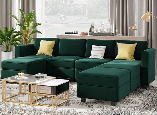 Belffin Modular Sectional Sofa U Shaped Sectional Couch with Reversible Chaises Velvet Modular Sofa with Storage Seat Green
