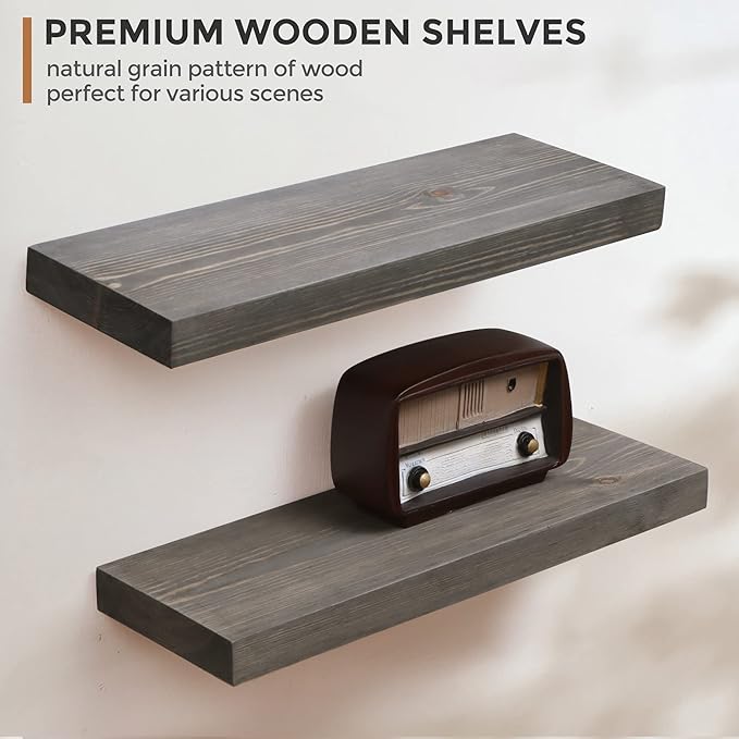 Fun Memories European Pine Floating Shelves for Wall, Mounted Shelf for Decor Storage Set of 2 - Natural Rustic Wooden Wall Shelf for Kitchen Bathroom Living Room Bedroom Farmhouse - Grey