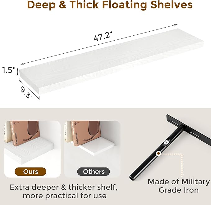 Fun Memories Floating Shelves 48 Inch Set of 2, White 48 x 9 Wall Shelves for Home Decor Storage, Rustic Wood Floating Shelf for Wall, 9 Inch Deep Shelving for Bathroom, Living Room, Kitchen