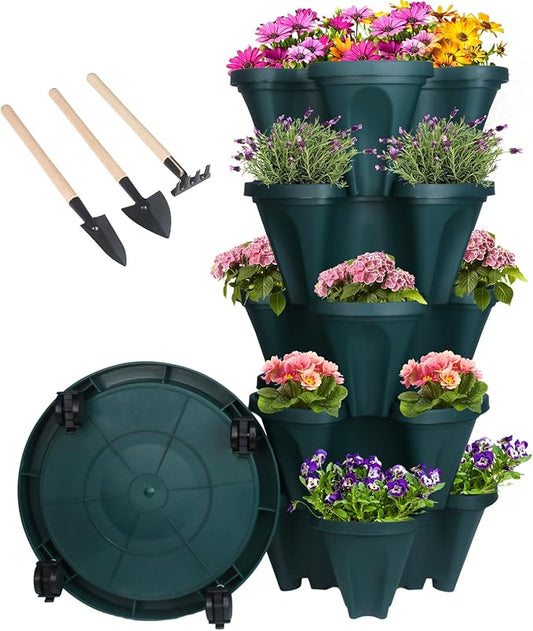 Vertical Planter 5 Tier Stackable Planters Garden Planters Strawberry Herb Flower and Vegetable Planter Indoor Outdoor Gardening Pots with Removable Wheels and Tools