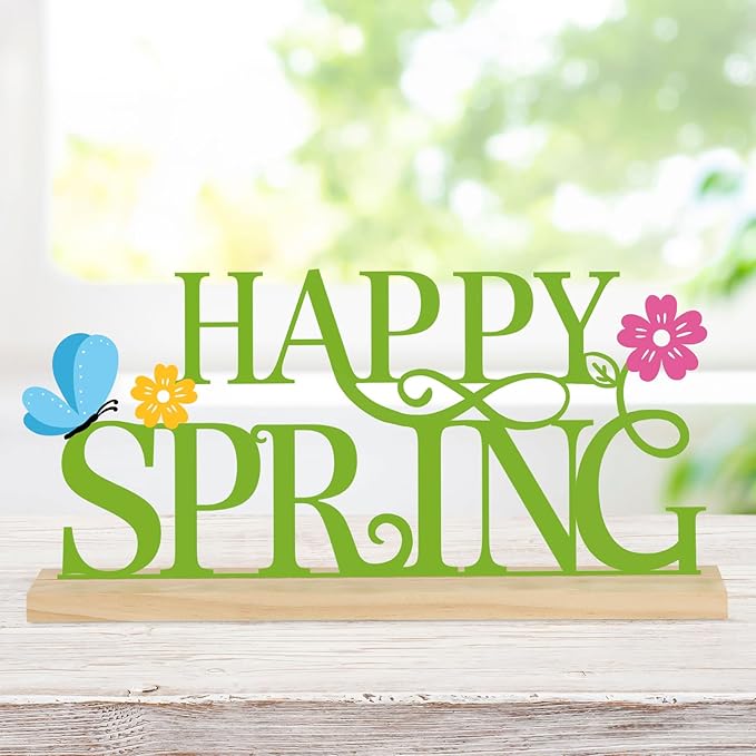 COCHIE Metal Happy Spring Sign, Spring Decorations for Home, Office, Shelf, Mantel, Indoor, Spring Flower Decor, Spring Butterfly Table Top Party Decoration (Spring)