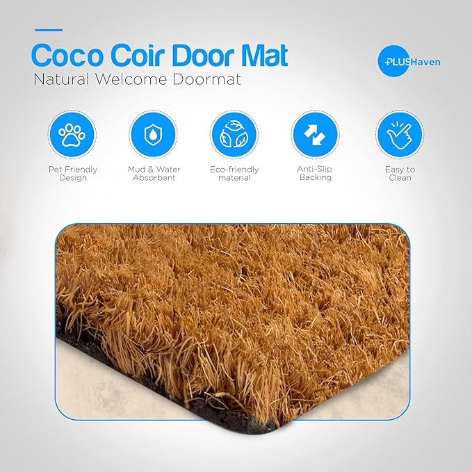 PLUS Haven Coco Coir Door Mat with Heavy Duty Backing, Natural Home Doormat, 17.5”x30” for Entrance, Front Porch, Easy to Clean Entry Mat, Outdoor and Indoor Uses, Home Decor