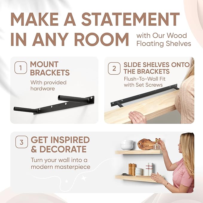 Homeforia 24 inch Natural Floating Shelf, High End Solid Real Wood 24inch Small Floating Shelves for Wall Mounted, Natural Wooden Floating Shelves, Heavy Duty Bracket, 24 X 6.5 X 1.75 in, Set of 2