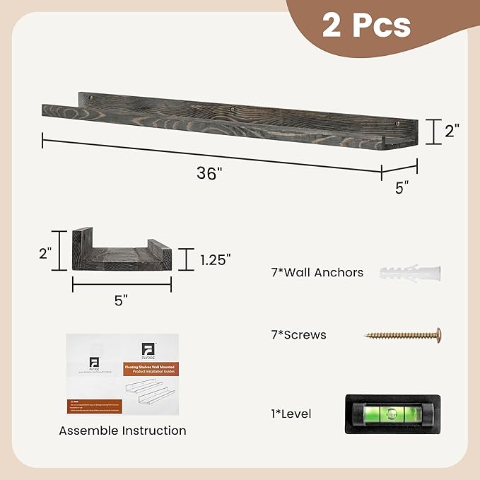 36 Inches Floating Shelves for Wall, Solid Pine Wood Picture Ledge Shelves, Wall Shelves with Lips, Nursery Book Shelves for Toys Storage Living Room Bedroom Photo Frames (2 Pcs, Grey)