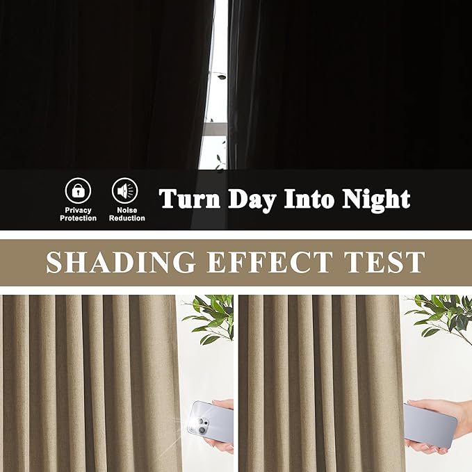Vision Home Brown Pinch Pleated Full Blackout Curtains Linen Blended Room Darkening Window Curtains 90 inch for Living Room Bedroom Thermal Insulated Pinch Pleat Drapes with Hooks 2 Panel 40" Wx90 L