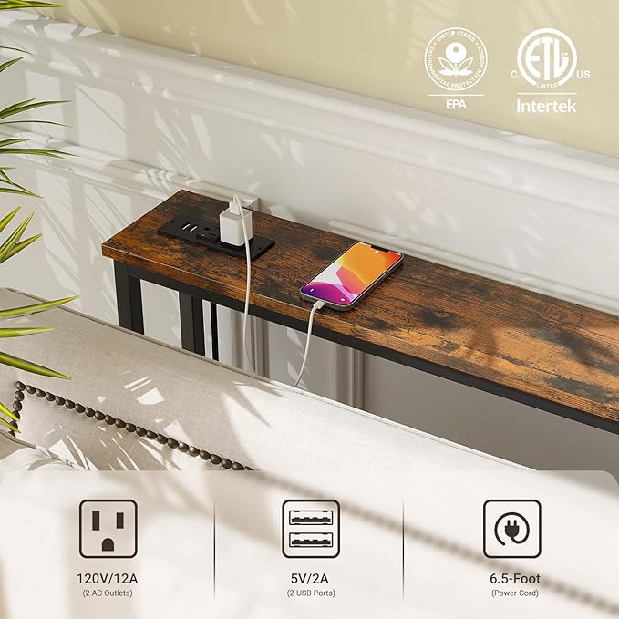 ELYKEN 2 Pack 5.9" Narrow Console Sofa Table with Power Outlets, 5.9" D x 39.4" W x 31.1" H Long Couch Table with Metal Frame and Charge Station with 6.5’ Extension Cord, Rustic Brown