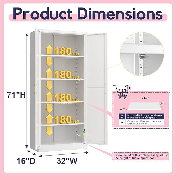 71" Storage Cabinet, Metal Pantry Cabinet, Kitchen Pantry Storage Cabinets with Doors and 4 Shelves, Cabinets for Laundry Room, Living Room, Dinning Room, Assembly Required, White