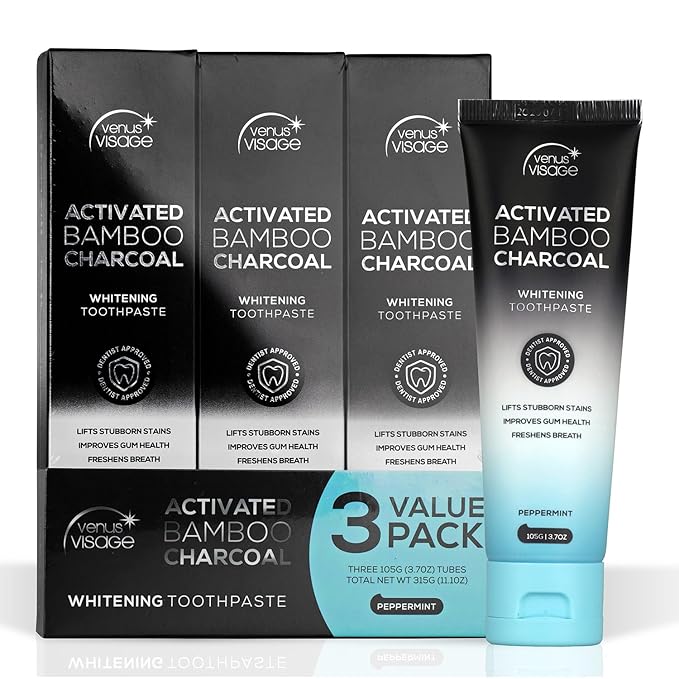 Venus Visage Activated Charcoal Toothpaste for Whitening, 3 Pack - Effective Teeth Whitening Toothpaste for Surface Stains - Peppermint Flavor (3.7 oz/105 g)