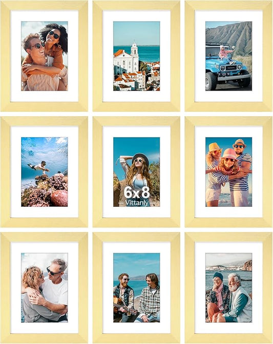 Vittanly 6x8 Picture Frames Set of 9, Shatter Resistant Plexiglass, Display 4x6 Pictures with Mat or 6x8 without Mat, Photo Frames for Wall or Tabletop, Engineered Wood, Gold