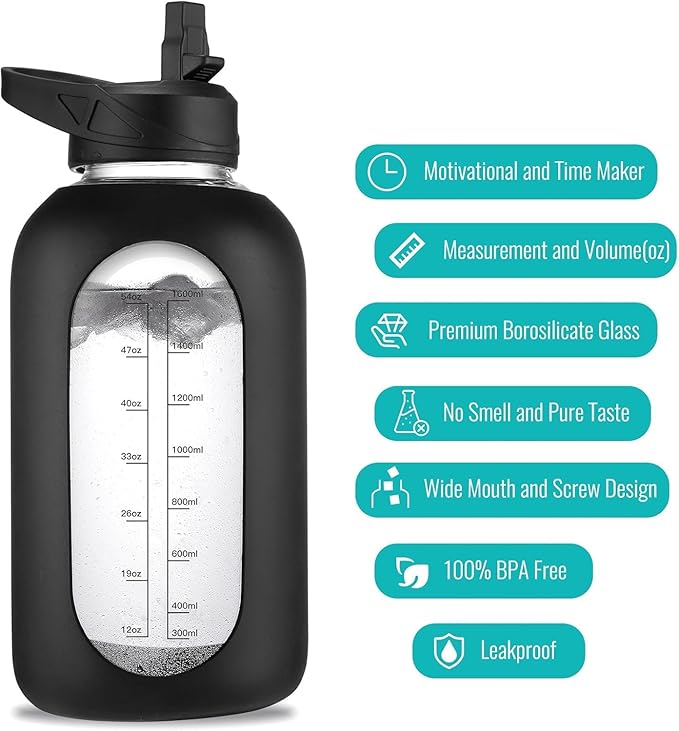 64 oz Glass Water Bottle With Straw and Handle, Half Gallon Sports Motivational Water Jug Flask with Silicone Sleeve, Large Water Cup with Time Marker for Travel, Gym, Dark Purple
