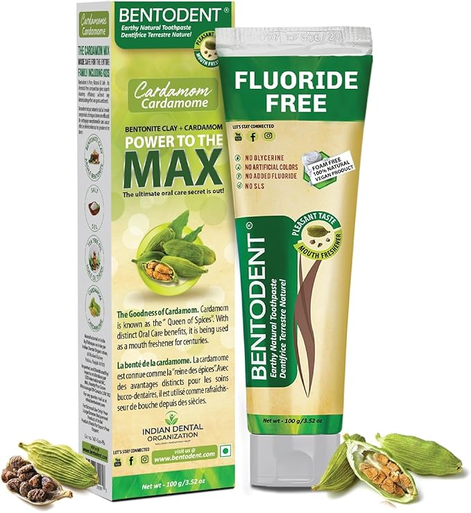 Bentodent Calcium Bentonite Clay Toothpaste Fluoride-Free SLS Free Natural Toothpaste for Family Including Kids (Combo Pack (Mint & Cardamom))
