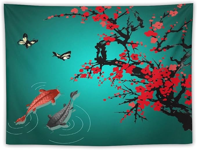 Houselerax Japanese Koi Fish Tapestry, Cherry Blossoms Asian Oriental Green Teal Floral Branch Koi Fish Carp Tapestries Wall Hanging for Bedroom Living Room Office Decor 60"x40"