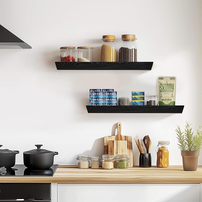 24"x6.8"x1.6" Slanted Floating Wall Shelves 2-Pack - Rustic Black Finish, Heavy-Duty Solid Wood Design with Hidden Brackets - Perfect for Living Room, Kitchen, Bathroom, or Office