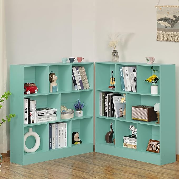 LEYAOYAO 8 Cube Bookshelf with Base,3 Tier Modern Mint-Green Kids Bookcase,Standing Wide Bookshelves Storage Organizer Toy Shelf,Wood Display Children's Book Shelves for Bedroom,Living Room,Nursery