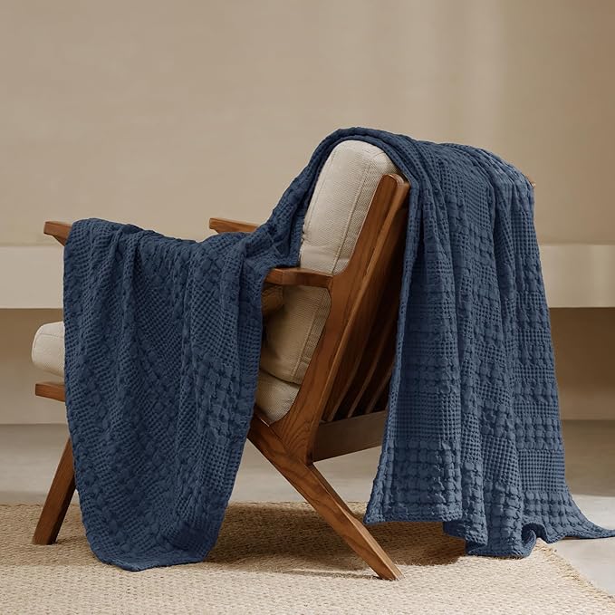 PHF 100% Cotton Waffle Weave Throw Blanket, Soft Lightweight Breathable Cozy Summer Throws for Couch Bed Sofa, Luxury Aesthetic Woven Blanket for Home Decor & Office, 50"x60", Dark Navy
