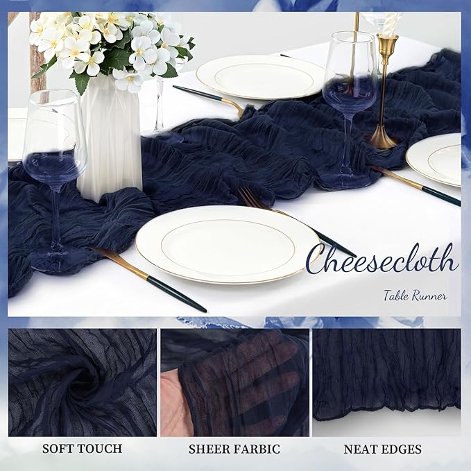 20 Pack Navy Blue Cheesecloth Table Runner 10FT Boho Fabric Rustic Cheese Cloth Table Runner for Wedding Bridal Shower Baby Shower Gauze Sheer Birthday Party Table Decorations 20 x 120 Inch Long