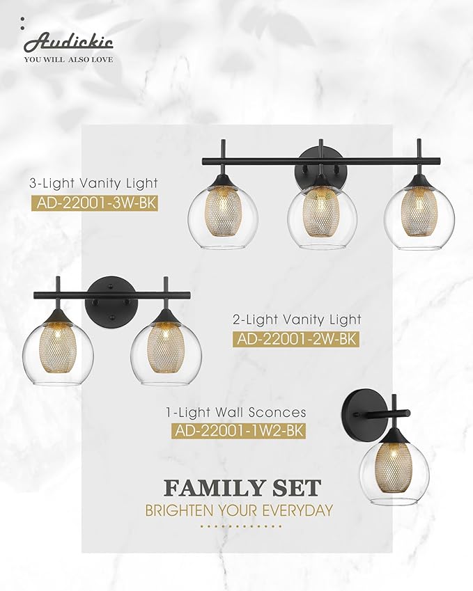 Black Wall Sconce Set of 2, Bathroom Vanity Light Fixture with Clear Glass and Honeycomb Metal Shade, Sconces Wall Lighting for Mirror Bedroom Hallway, AD-22001-1W2-BK