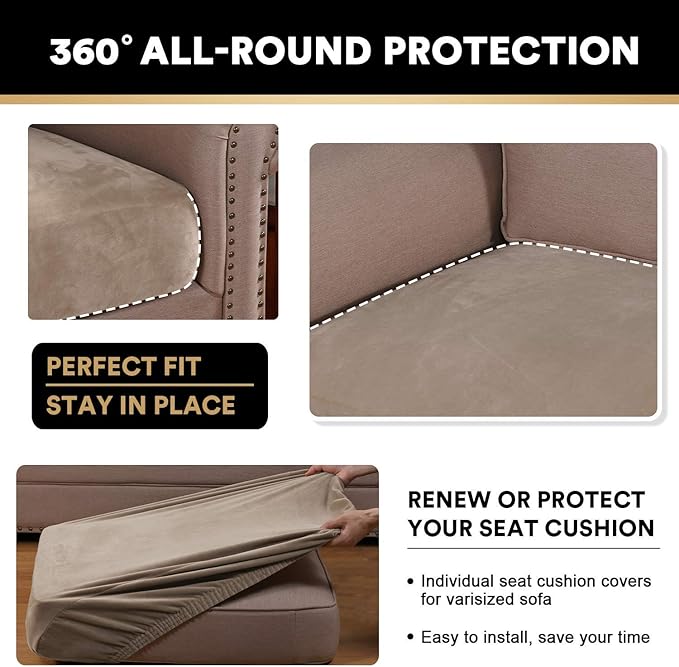 PrinceDeco Velvet Stretch Couch Cushion Cover Soft Cushion Slipcover for Chair Loveseat Sofa Cushion Furniture Protector Seat Cushion Sofa Cover (3 Piece XL Sofa Cushion Covers, Taupe)