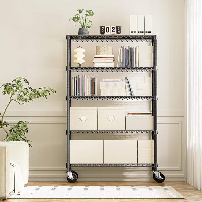 IZEUK 5-Tier Storage Shelving Unit with Wheels, Adjustable Heavy Duty Steel Wire Rack Organizer (Black, 17.7" D x 47.2" W x 76.7" H, 1750 lbs Capacity) for Garage, Kitchen, Office, Laundry, Basement